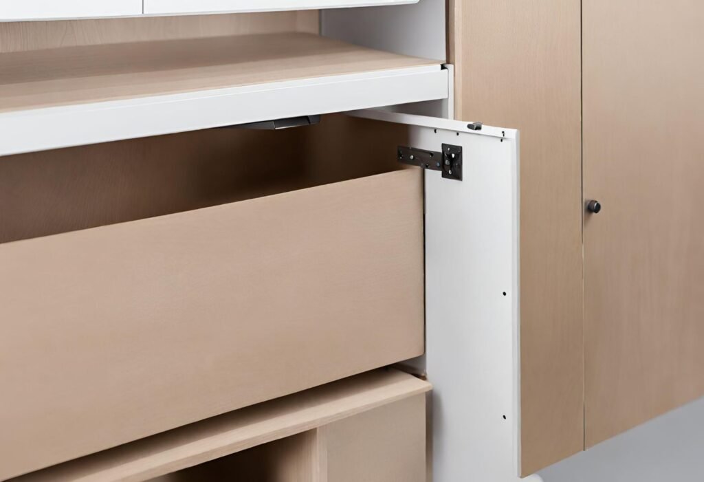 Close-up of a wall-mounted storage cabinet with doors