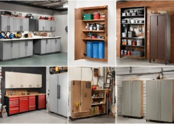 A collage of various budget-friendly garage wall cabinets