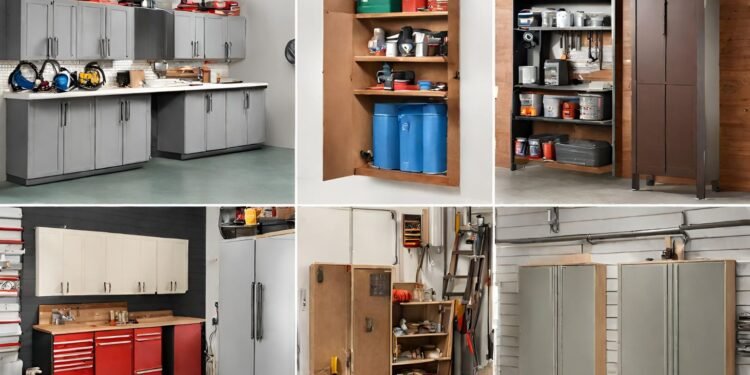 A collage of various budget-friendly garage wall cabinets