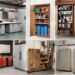A collage of various budget-friendly garage wall cabinets