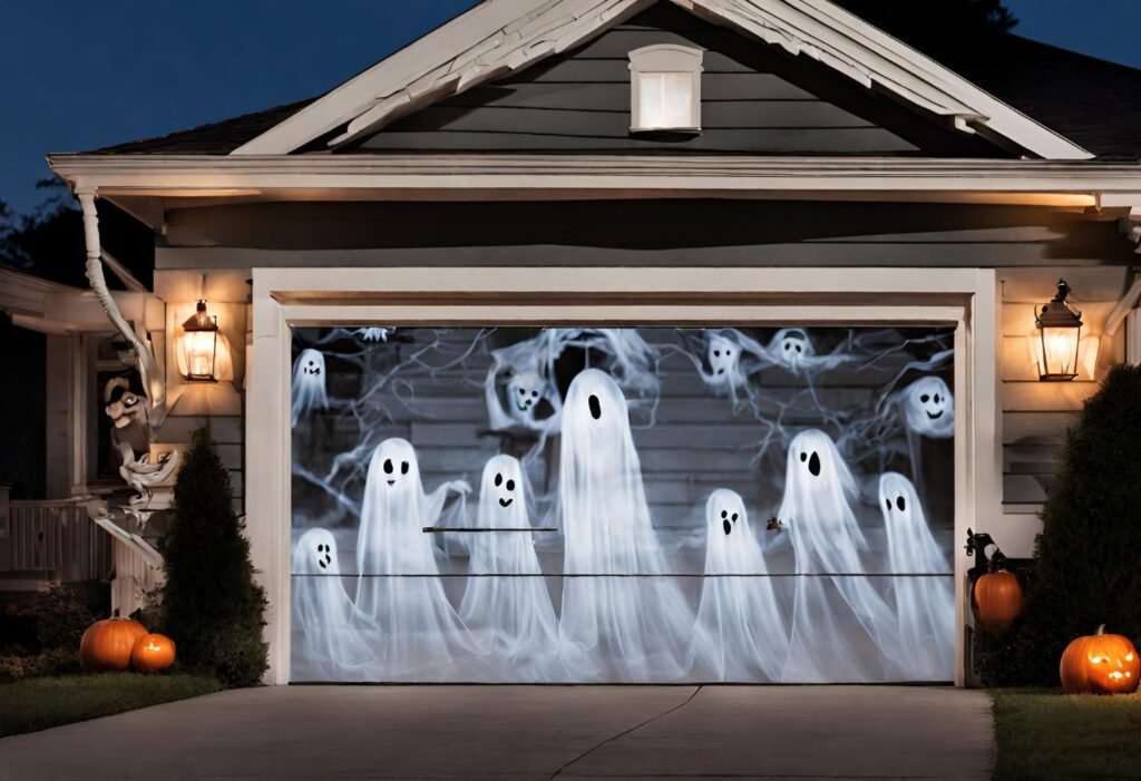 Projection Display of Ghosts and Ghouls on Garage Door