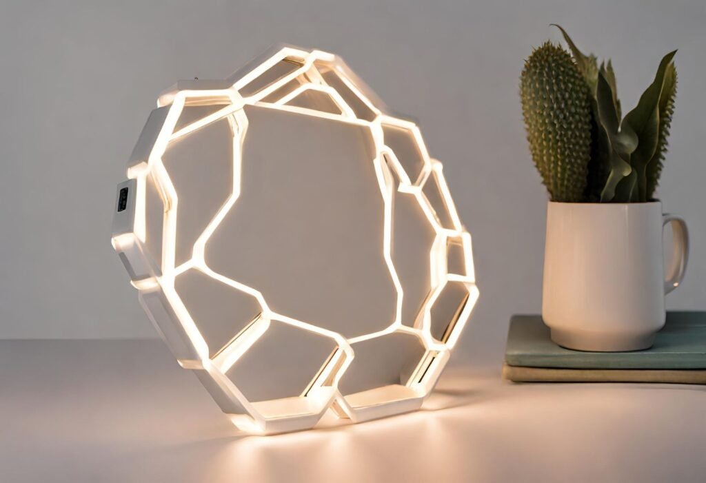 An energy-efficient hexagon LED light strip with customizable color options.