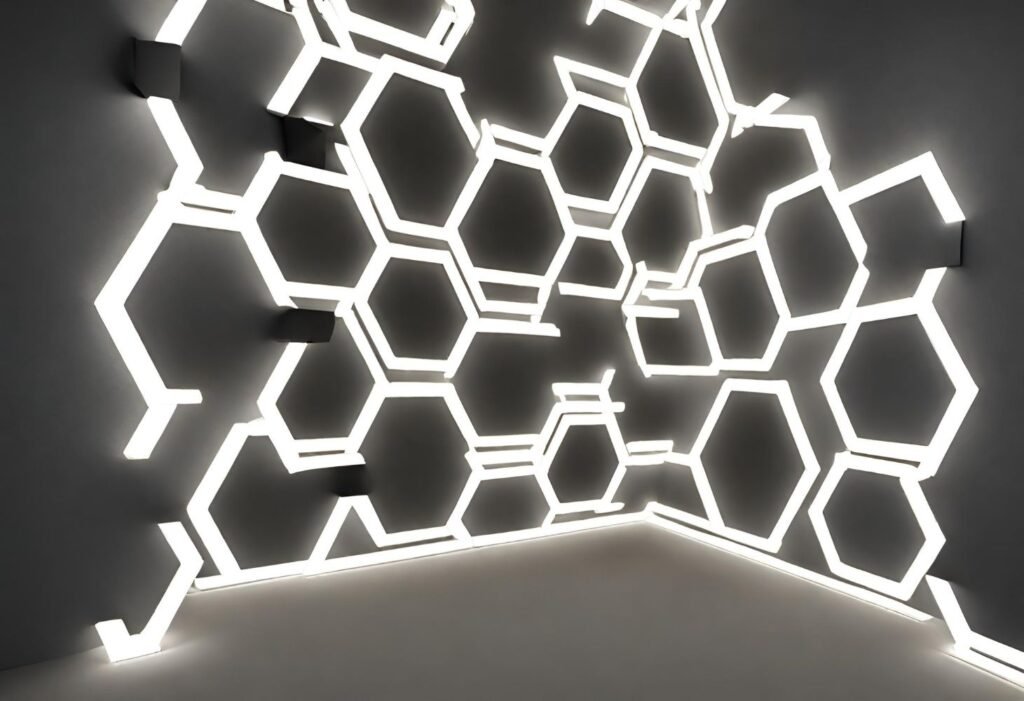 Hexagon lights arranged on a garage ceiling, creating a starlight effect.