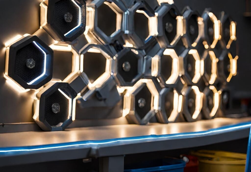 Close-up of hexagon lights illuminating a garage workbench.