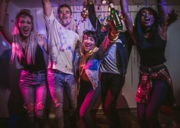 Garage party setup with lights