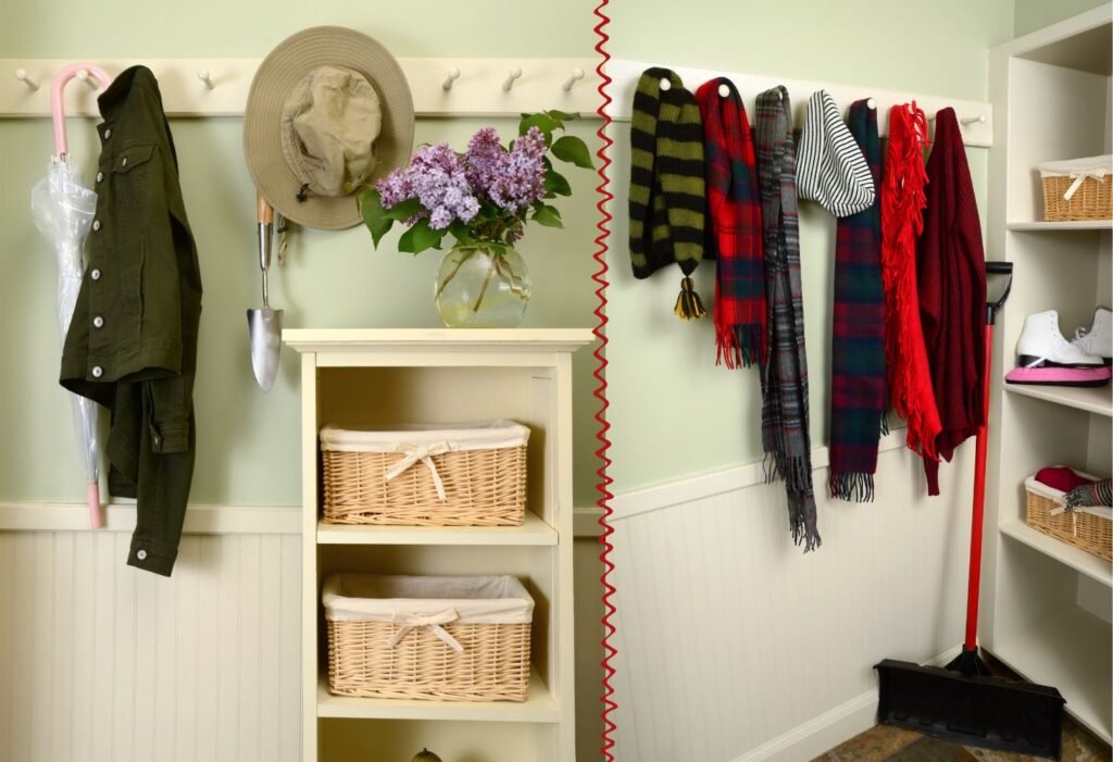 Bright and organized IKEA-inspired garage mudroom with a bench and storage solutions.