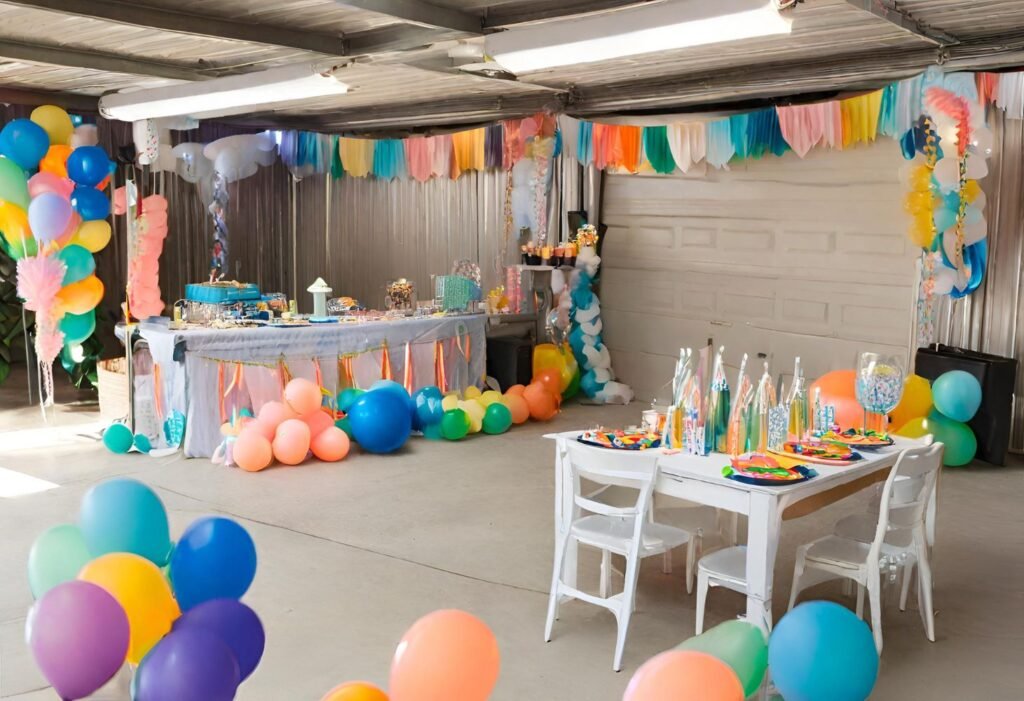 graduation party with colorful balloons in a garage