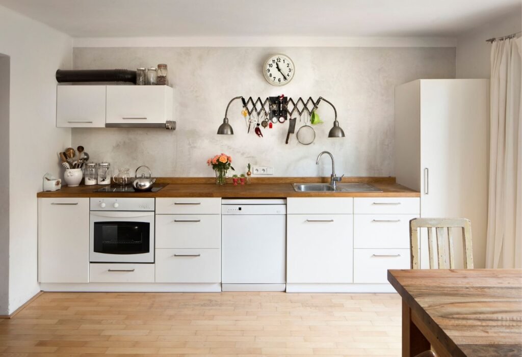 aesthetic kitchen in a garage with washing machine