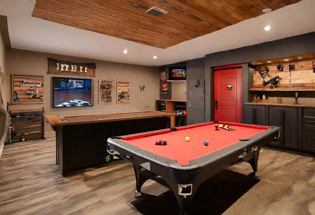 rustic man cave in a garage