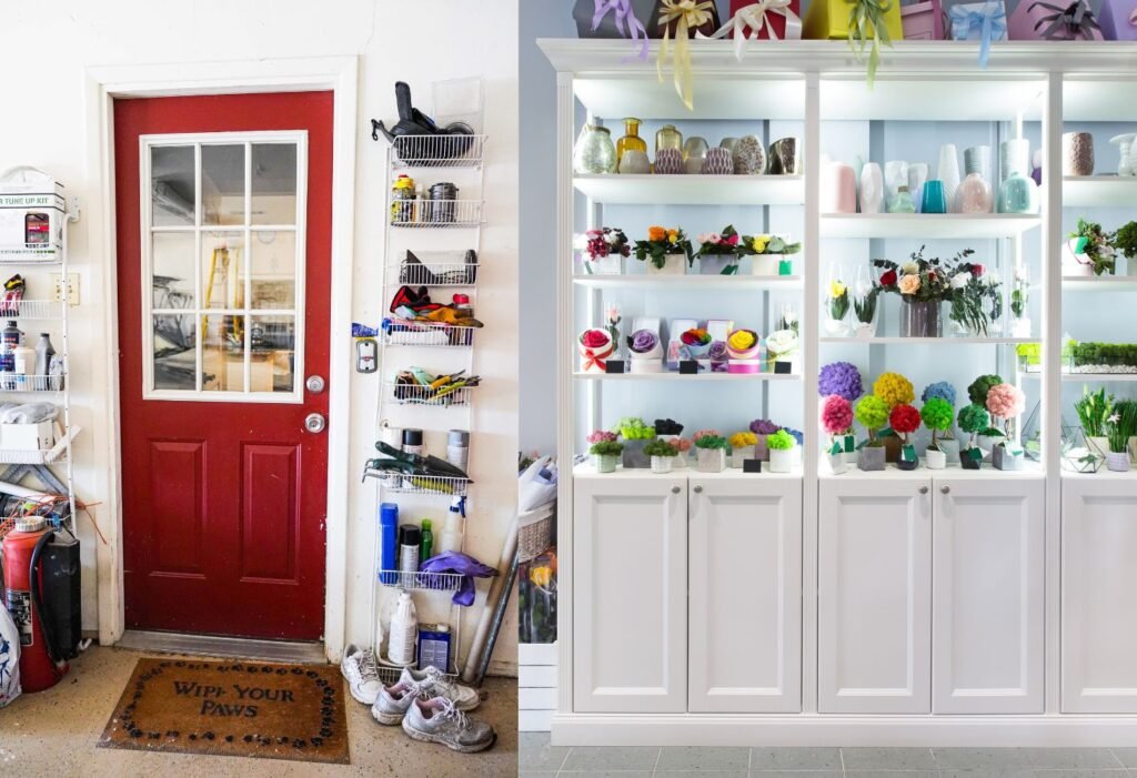 Entrance and shelves organization tips in a garage