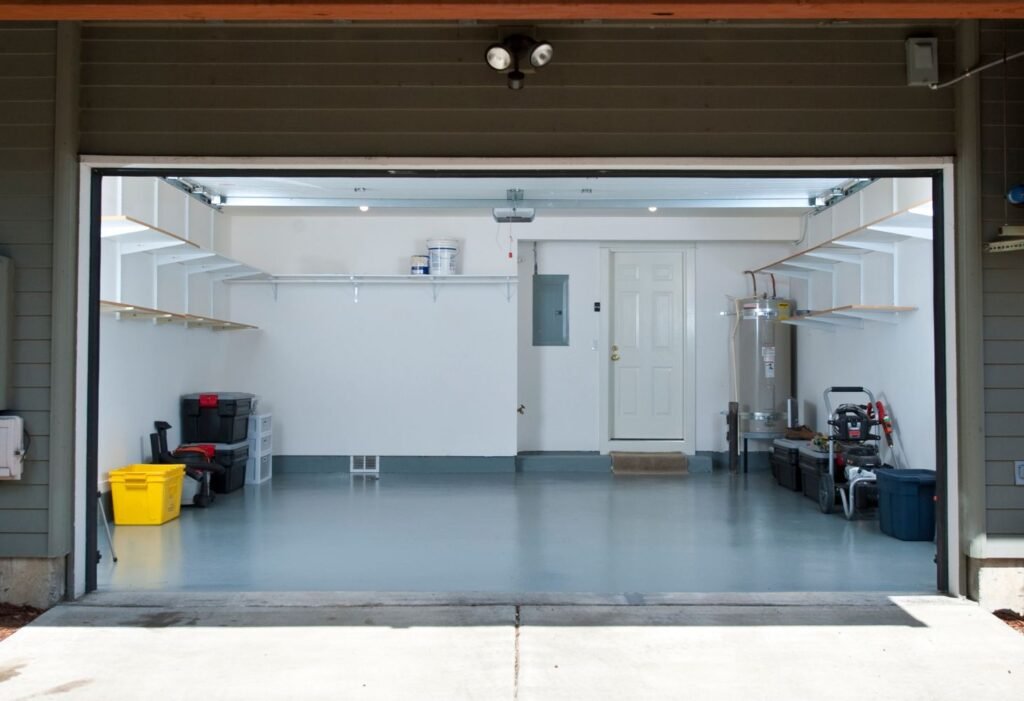 Overhead storage racks and storage bins in a garage