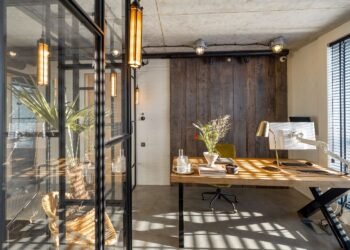 Office space inside a garage with glasses
