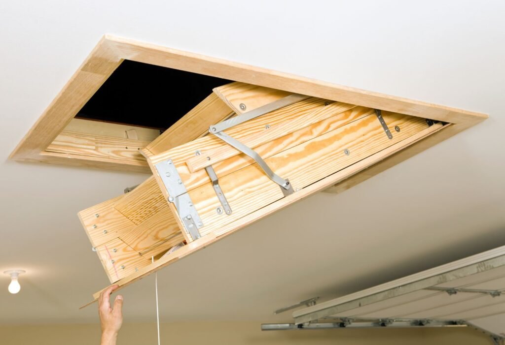 small attic ladder in a garage