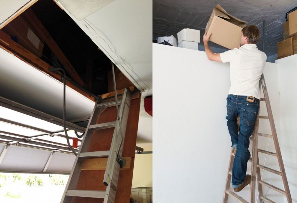 ladder and attic ladder in a garage 