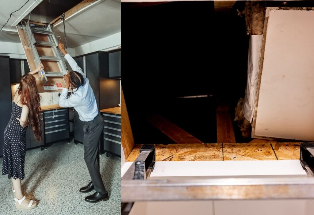 couple open an attic ladder in a garage