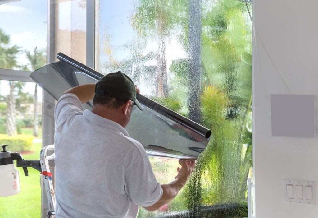 privacy tint setup in a garage